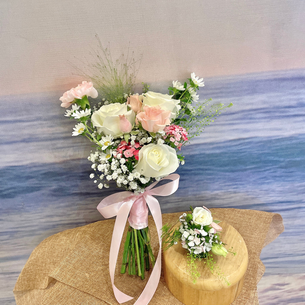 Sweet and Pink Bridal Bouquet & Boutonnière Set